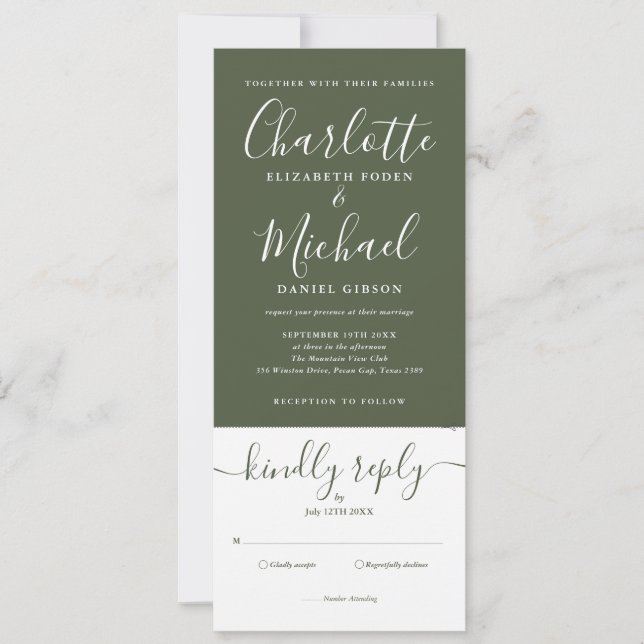 Invitación Elegante Guión Verde Vivo Todo En Un Boda (Anverso)