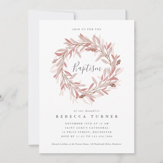 Invitación Elegante Guión Wreath Watercolor Bautismo (Anverso)