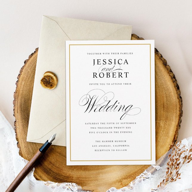 Invitación Elegante guión y Boda de borde dorado (Subido por el creador)
