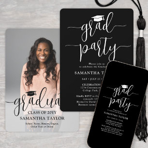 Invitación Elegante guión y foto fiesta de graduación negra