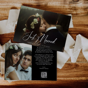 Invitación Elegante guión y negro Código QR recién casados