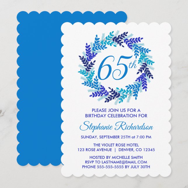 Invitación Elegante guirnalda azul 65 cumpleaños (Anverso / Reverso)