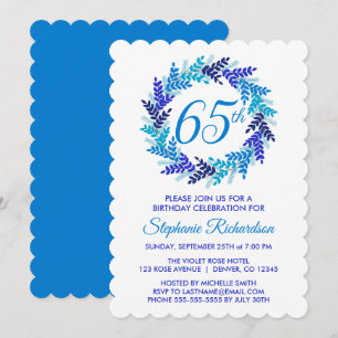 Invitación Elegante guirnalda azul 65 cumpleaños