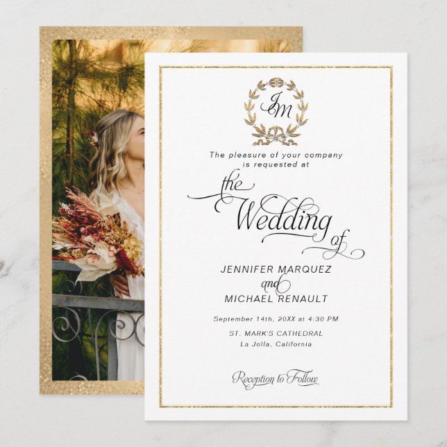 Invitación Elegante guirnalda de oro con monograma y foto de  (Anverso / Reverso)