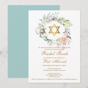 Invitación Elegante guirnalda floral de acuarela para Bat Mit