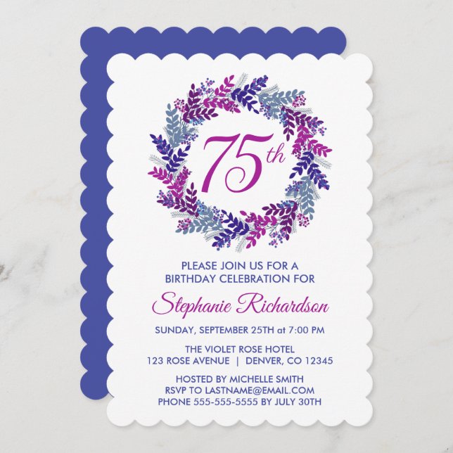 Invitación Elegante guirnalda rosa y morada 75 cumpleaños (Anverso / Reverso)