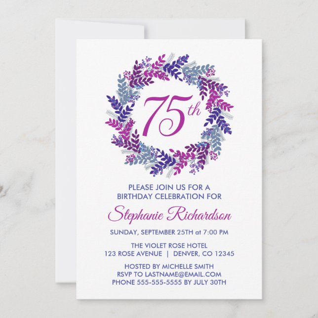 Invitación Elegante guirnalda rosa y morada 75 cumpleaños (Anverso)