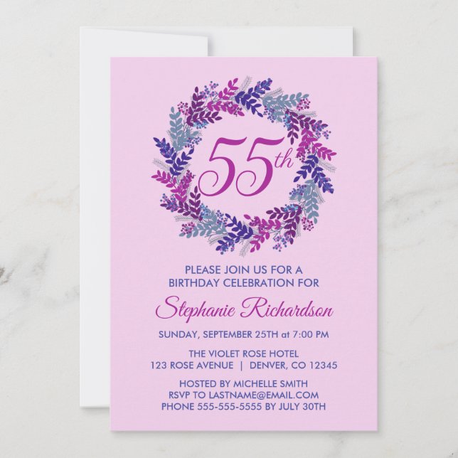 Invitación Elegante guirnalda rosada y morada 55º cumpleaños (Anverso)