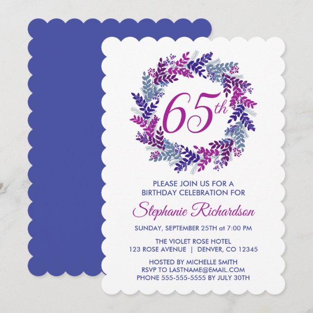 Invitación Elegante guirnalda rosada y morada 65º cumpleaños (Anverso / Reverso)