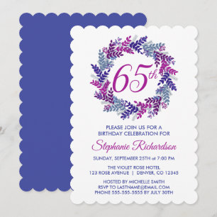 Invitación Elegante guirnalda rosada y morada 65º cumpleaños