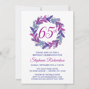 Invitación Elegante guirnalda rosada y morada 65º cumpleaños