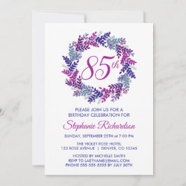 Invitación Elegante guirnalda rosada y morada 85º cumpleaños