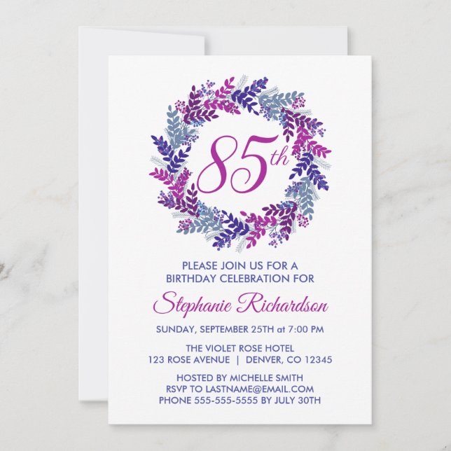 Invitación Elegante guirnalda rosada y morada 85º cumpleaños (Anverso)