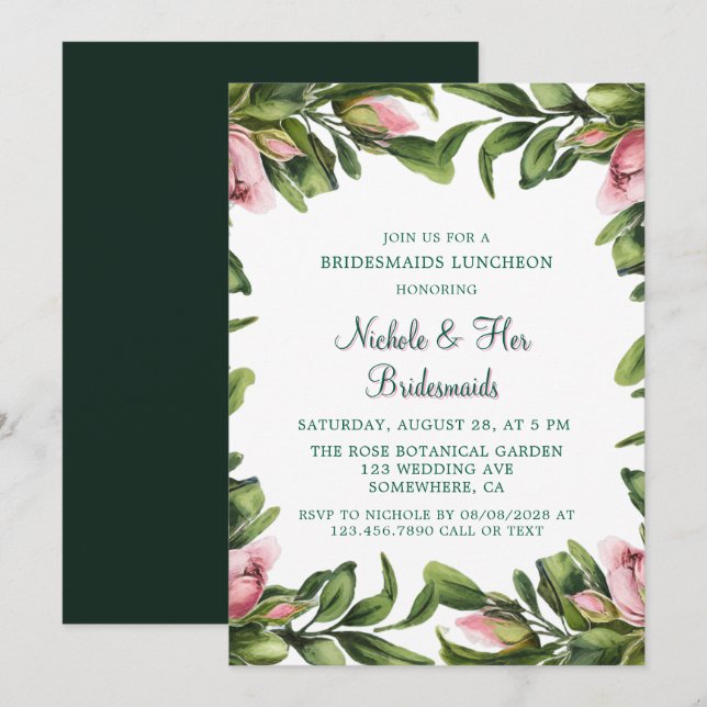 Invitación Elegante guirnalda verde de guirnalda rosada de la (Anverso / Reverso)