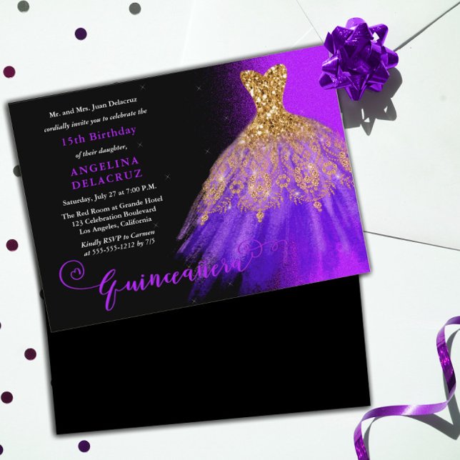 Invitación Elegante Guiso Español Púrpura Quinceañera (Subido por el creador)