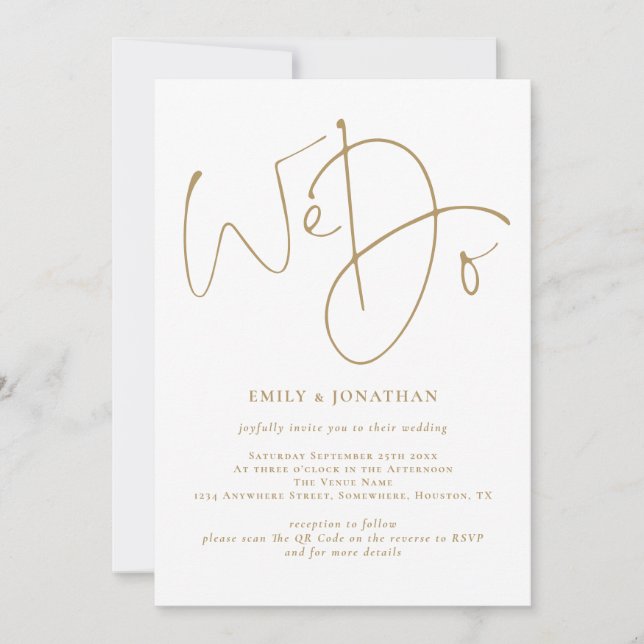 Invitación Elegante hacemos Boda de código QR con guión dorad (Anverso)