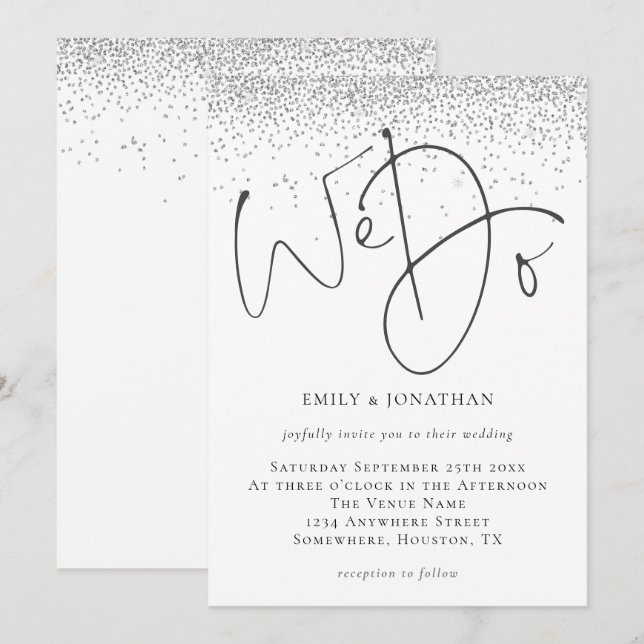 Invitación Elegante hacemos guión de Boda Purpurina plateado (Anverso / Reverso)