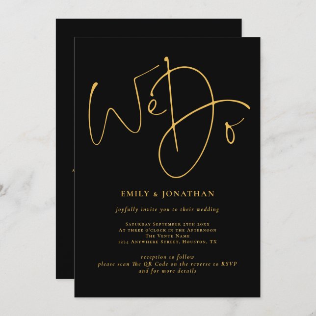 Invitación Elegante Hacemos Guión Dorado Código QR Boda Negro (Anverso / Reverso)