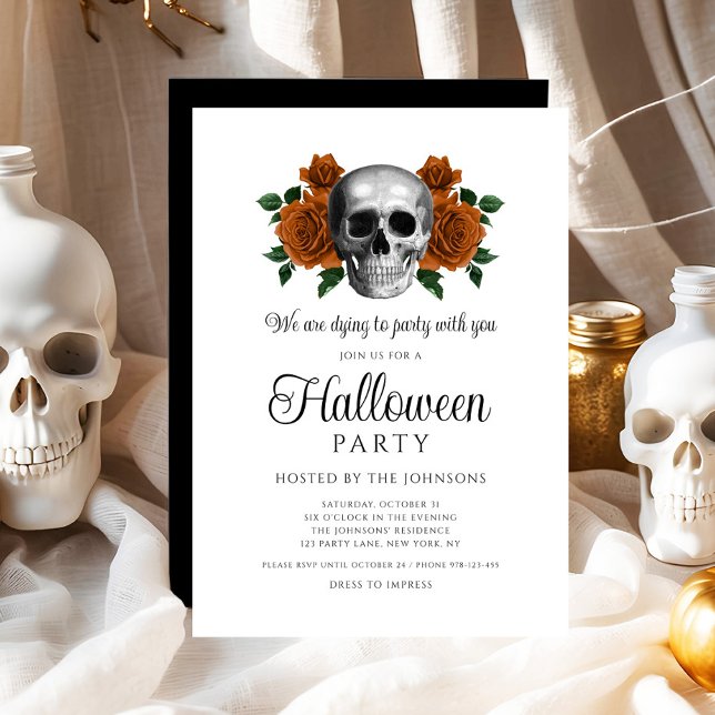 Invitación Elegante Halloween con flor negra gótica (Elegant Gothic Black Floral Skull Halloween Invitation)