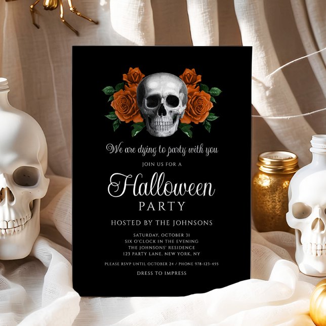 Invitación Elegante Halloween con flor negra gótica (Elegant Gothic Black Floral Skull Halloween Invitation - digital download)