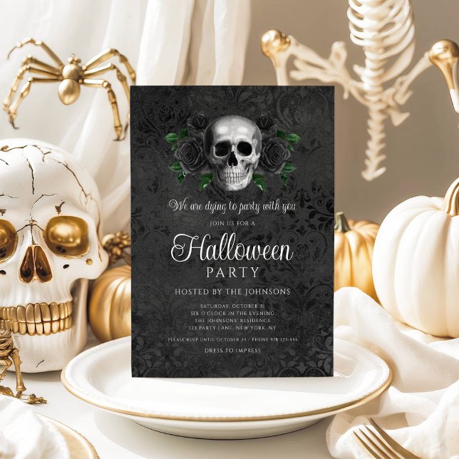 Invitación Elegante Halloween con flor negra gótica (Elegant Gothic Black Floral Skull Halloween Invitation)