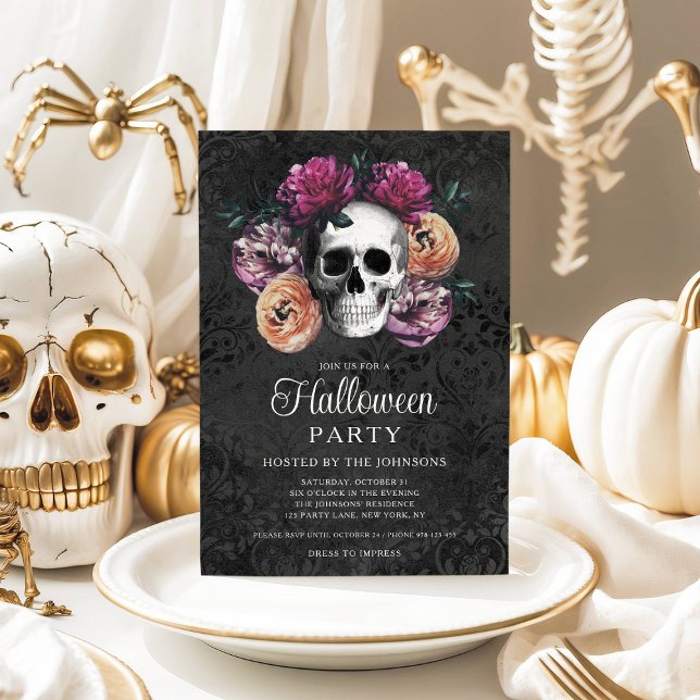 Invitación Elegante Halloween con flores góticas (Elegant Gothic Floral Skull Halloween Invitation)