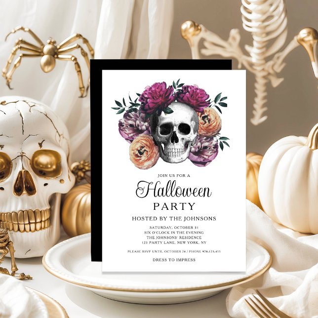 Invitación Elegante Halloween con flores góticas (Elegant Gothic Floral Skull Halloween Invitation)