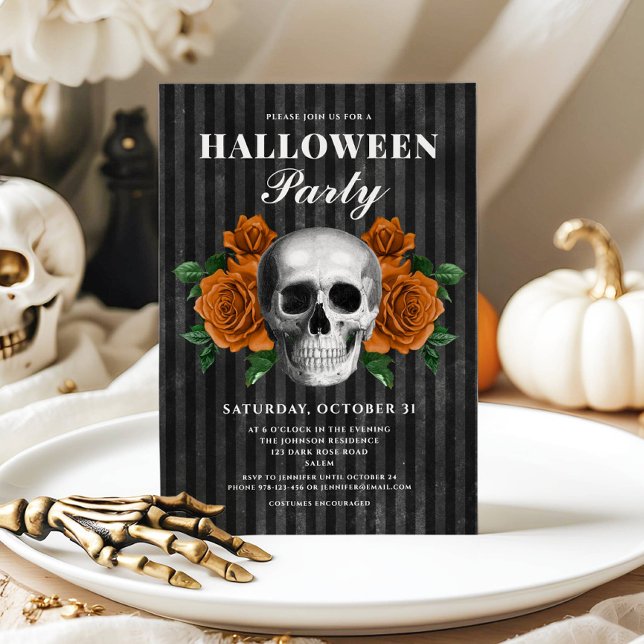 Invitación Elegante Halloween con flores góticas (Elegant Gothic Roses & Skull Halloween Party Invitation)