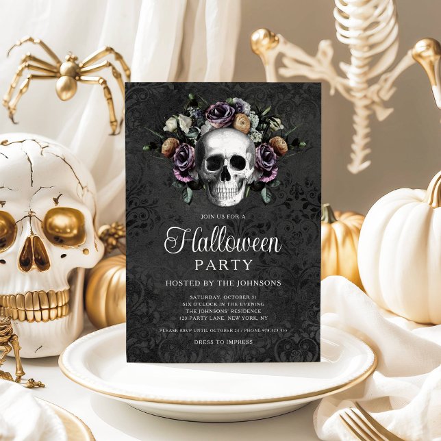 Invitación Elegante Halloween de Floral Gótica Negra (Elegant Black Gothic Floral Skull Halloween Invitation
)