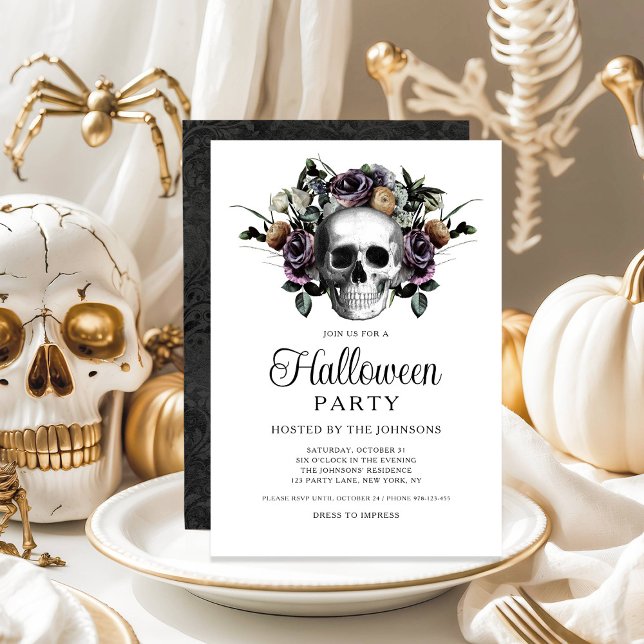 Invitación Elegante Halloween de Floral Gótica Negra (Elegant Black Gothic Floral Skull Halloween Invitation)