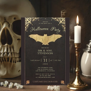Invitación Elegante Halloween Gold Bat Black Vintage
