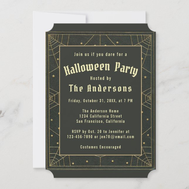 Invitación Elegante Halloween Negro Oro Telarañas Estrellas V (Anverso)