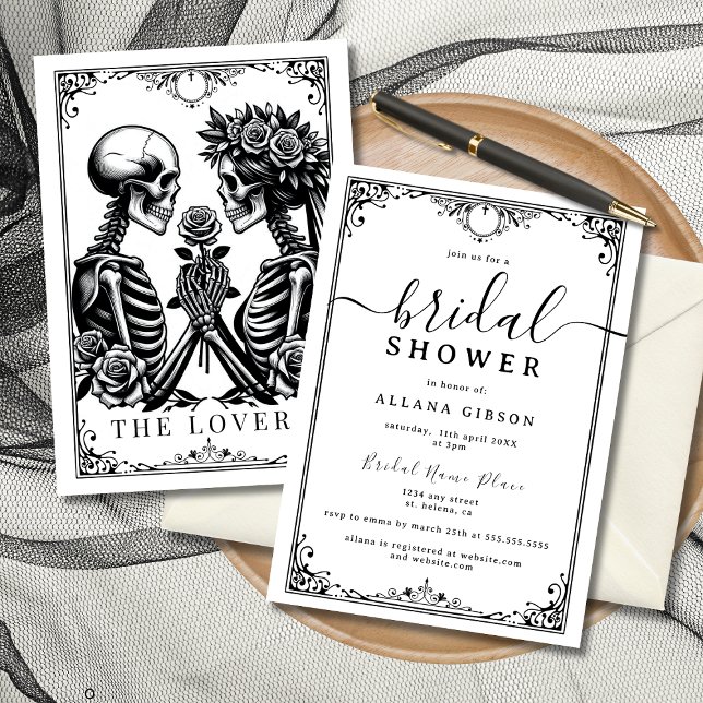 Invitación Elegante Hasta La Muerte, ¿Somos Parte De La Ducha (Elegant black-and-white gothic bridal shower invitation with floral accents.)