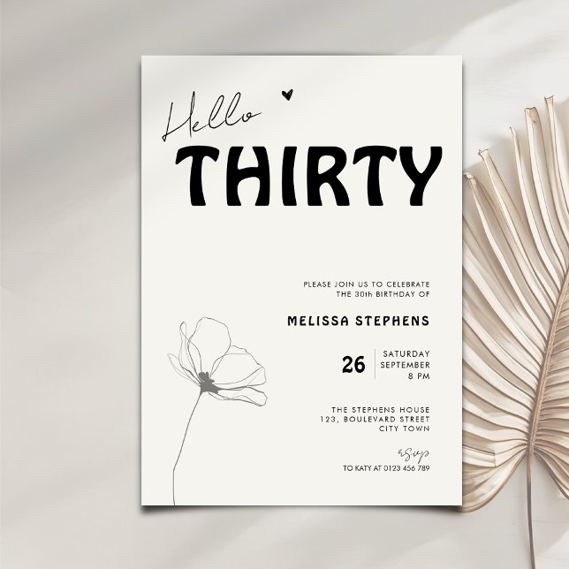 Invitación Elegante Hello Thirty Tipografía Negrita Cumpleaño (Subido por el creador)