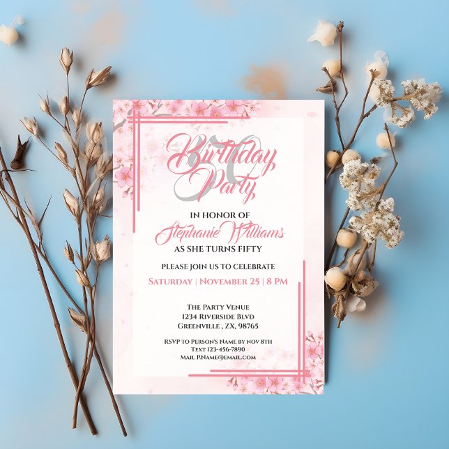Invitación Elegante hembra floral rosa 50 cumpleaños de mujer (Subido por el creador)