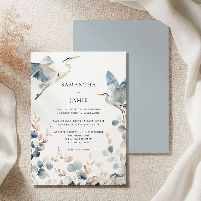 Invitación Elegante Herons Rubor Dusty Blue Foliage Boda (Front and back view)