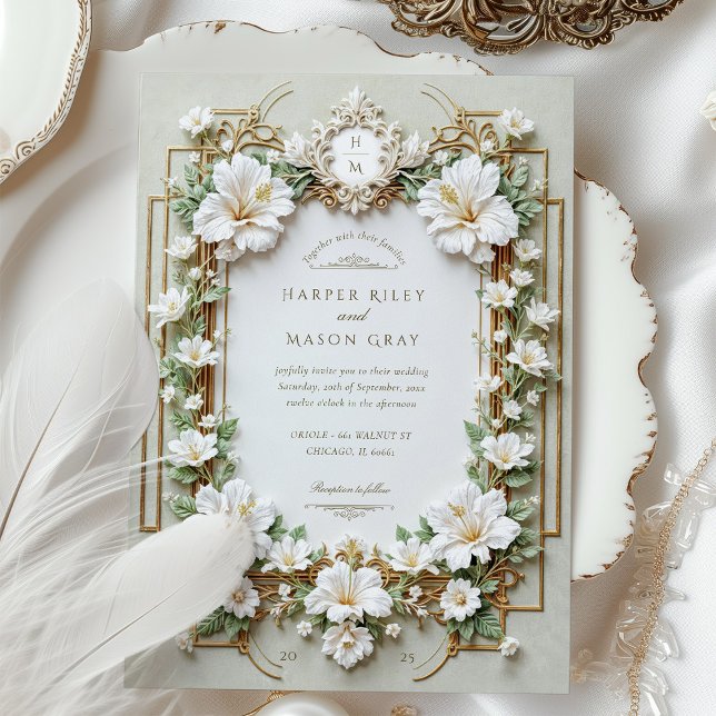 Invitación Elegante Hibiscus blanco con oro falso (Subido por el creador)