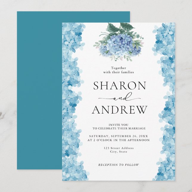 Invitación Elegante Hidrangea Azul Acuarela (Anverso / Reverso)