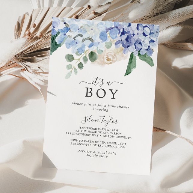 Invitación Elegante hidrangea azul Es un niño Baby Shower (Subido por el creador)