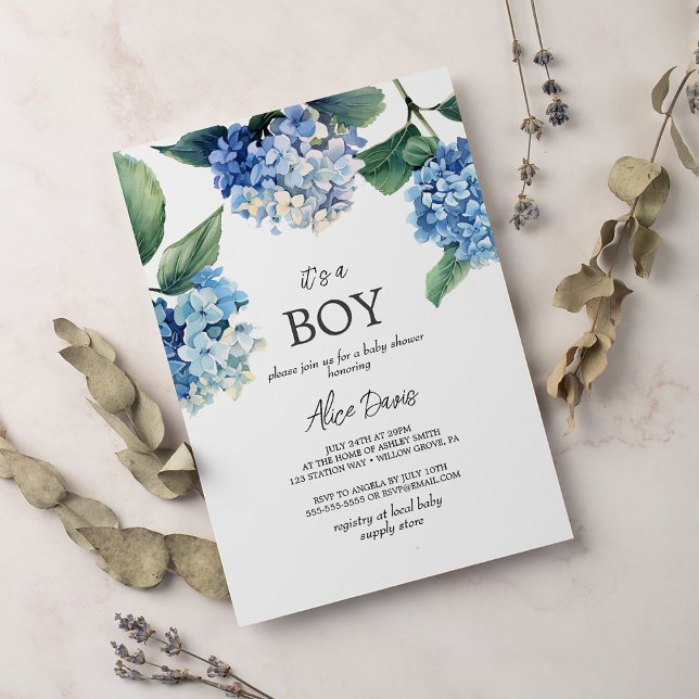 Invitación Elegante hidrangea azul Es un niño Baby Shower (Subido por el creador)