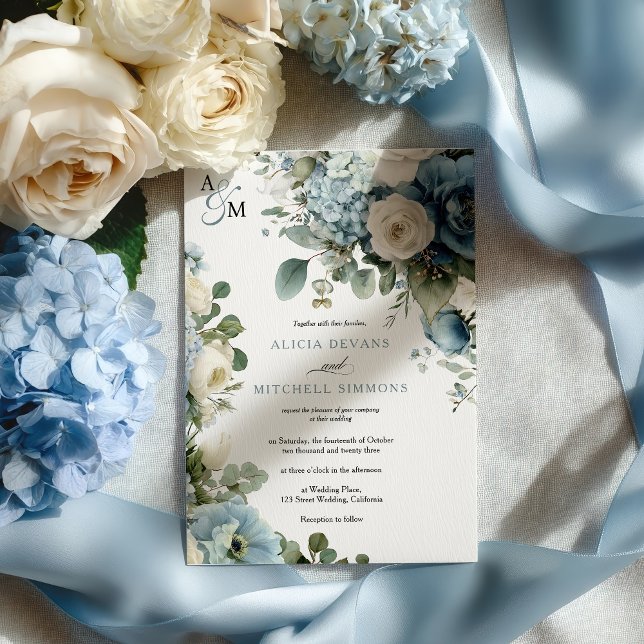 Invitación Elegante Hidrangea Azul Marfil Rosa Boda Floral (Elegant Blue Hydrangea Ivory Rose Floral Wedding Invitation)
