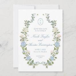 Invitación Elegante Hidrangea Azul Monograma Salva la Fecha