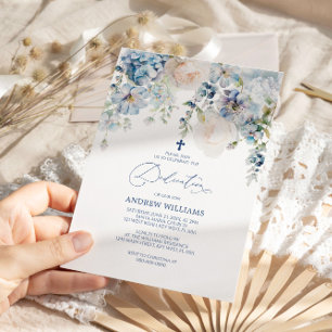 Invitación Elegante Hidrangea Azul y Dedicación de Rosas
