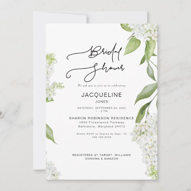 Invitación Elegante hidrangea blanca ducha de novia (Anverso)