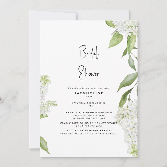 Invitación Elegante hidrangea blanca ducha de novia (Anverso)
