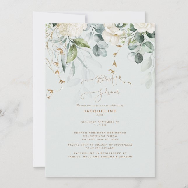 Invitación Elegante hidrangea blanca ligera Sage Bridal Showe (Anverso)