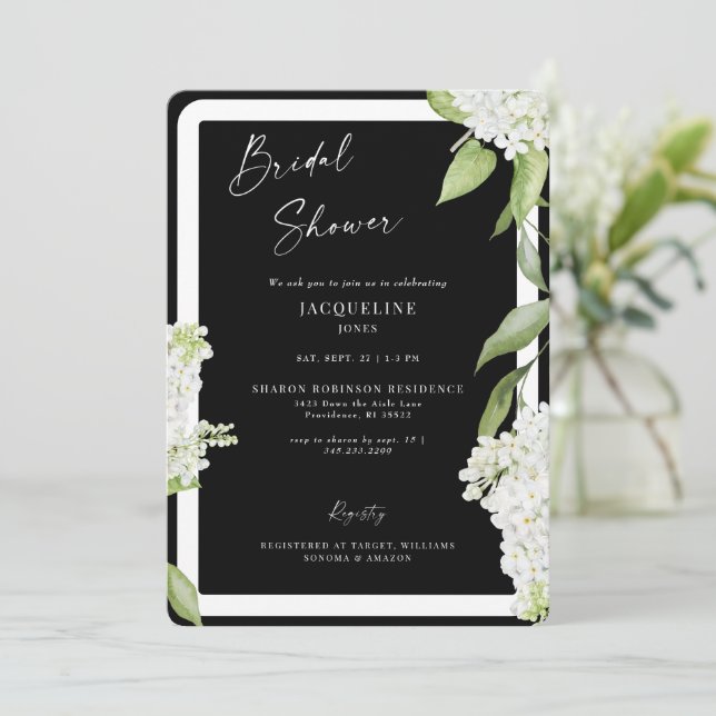 Invitación Elegante hidrangea blanca negra ducha de novia (Anverso de pie)