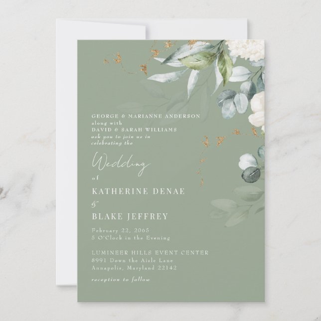 Invitación Elegante Hidrangea Blanca Sage Ambos Padres Boda (Anverso)