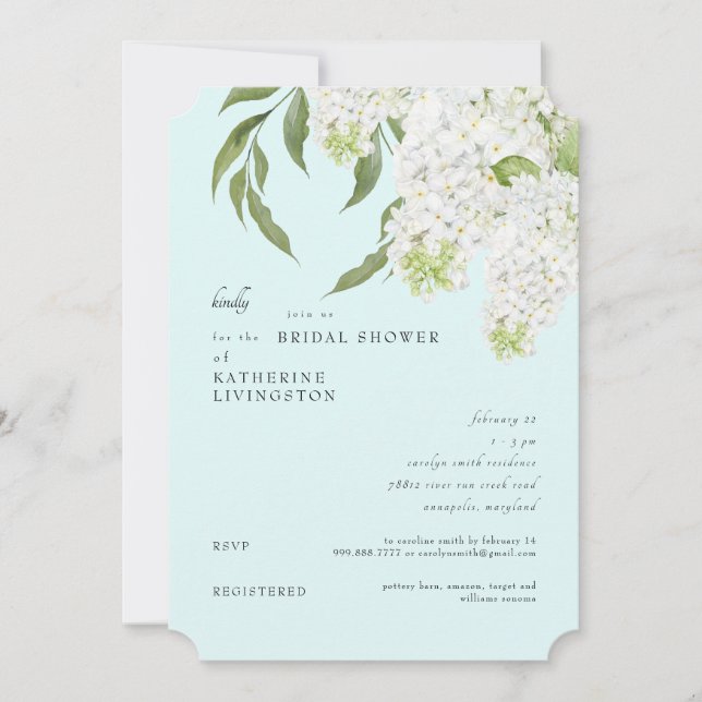 Invitación Elegante hidrangea blanca Seafoam Bridal Shower (Anverso)