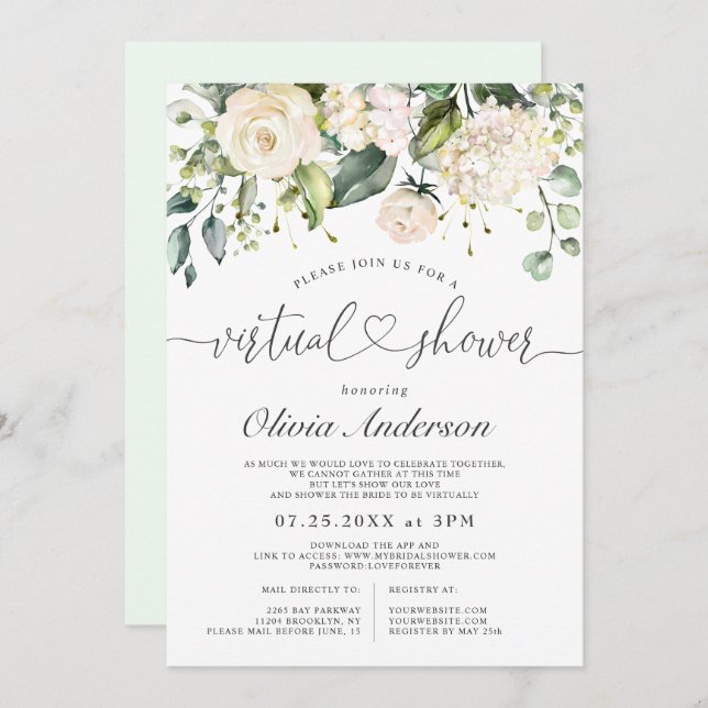 Invitación Elegante hidrangea rosa Rosas virtual ducha de nov (Anverso / Reverso)